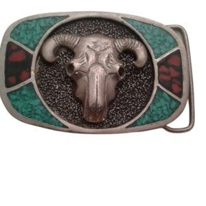 Skull Turquoise Coral Belt Buckle Vtg Western Steer Bull Cow Long Horn Cattle